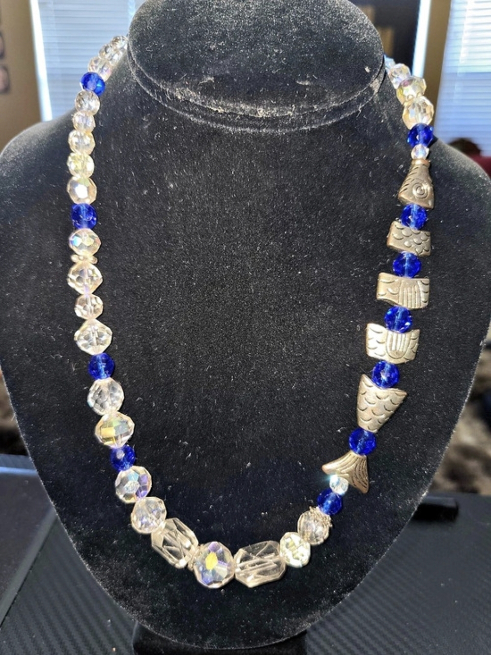 Greek Worry Fish Necklace Cobalt Blue Crystal Beaded Nautical 18"